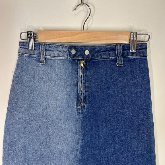 PAPAYA Jean‎ Mini Skirt S Two Toned High Rise Blue Raw Hem Denim Size Small - Picture 3 of 8